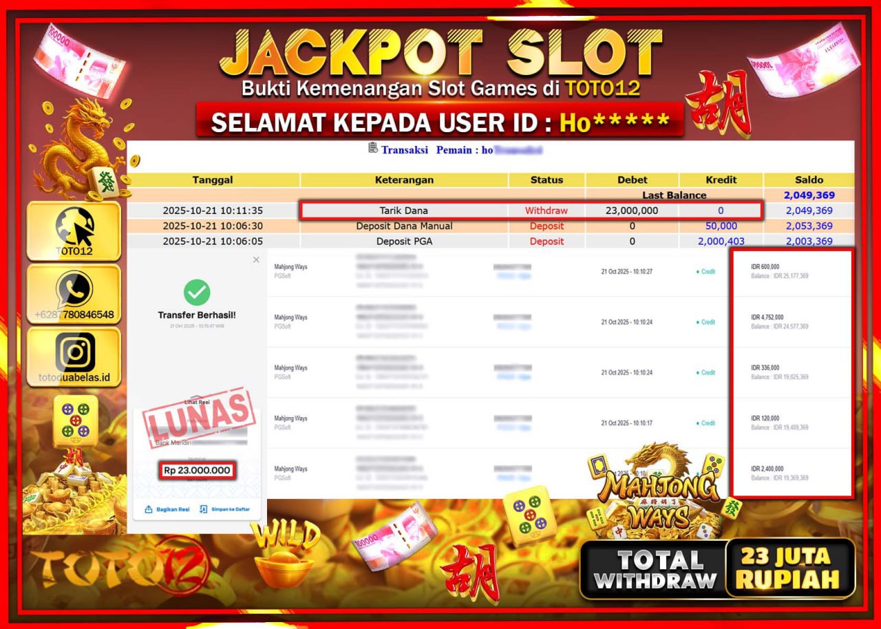 HANYA DI TOTO12 JP PASTI DI BAYAR LUNAS DAN CEPAT!!!!!! JACKPOT SLOT GAME (MAHJONG WAYS) Rp.23.000.000 !!!!