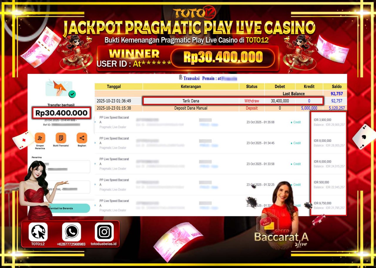HANYA DI TOTO12 JP PASTI DI BAYAR LUNAS DAN CEPAT!!!!!! JACKPOT PRAGMATIC PLAY LIVE CASINO (SPEED BACCARAT) Rp.30.400.000 !!!!