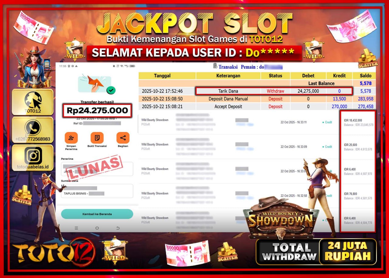 HANYA DI TOTO12 JP PASTI DI BAYAR LUNAS DAN CEPAT!!!!!! JACKPOT SLOT GAME (WILD BOUNTY SHOWDOWN) Rp.24.275.000 !!!!