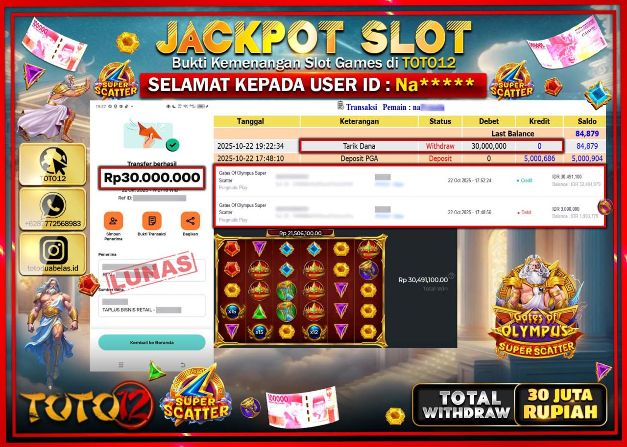 HANYA DI TOTO12 JP PASTI DI BAYAR LUNAS DAN CEPAT!!!!!! JACKPOT SLOT GAME (GATES OF OLYMPUS SUPER SCATTER) Rp.30.000.000 !!!!