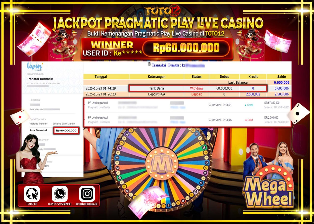 HANYA DI TOTO12 JP PASTI DI BAYAR LUNAS DAN CEPAT!!!!!! JACKPOT PRAGMATIC PLAY LIVE CASINO (MEGA WHEEL) Rp.60.000.000 !!!!