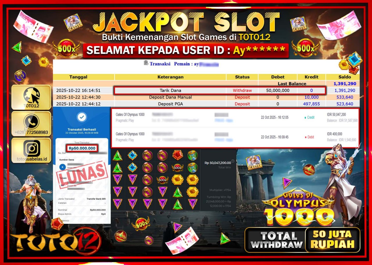 HANYA DI TOTO12 JP PASTI DI BAYAR LUNAS DAN CEPAT!!!!!! JACKPOT SLOT GAME (GATES OF OLYMPUS 1000) Rp.50.000.000 !!!!