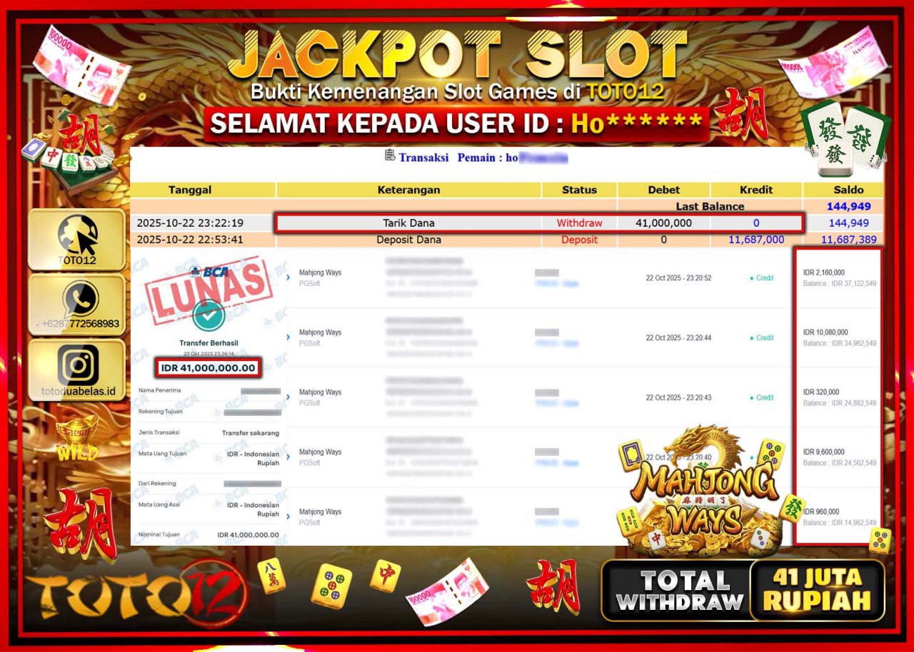 HANYA DI TOTO12 JP PASTI DI BAYAR LUNAS DAN CEPAT!!!!!! JACKPOT SLOT GAME (MAHJONG WAYS) Rp.41.000.000 !!!!