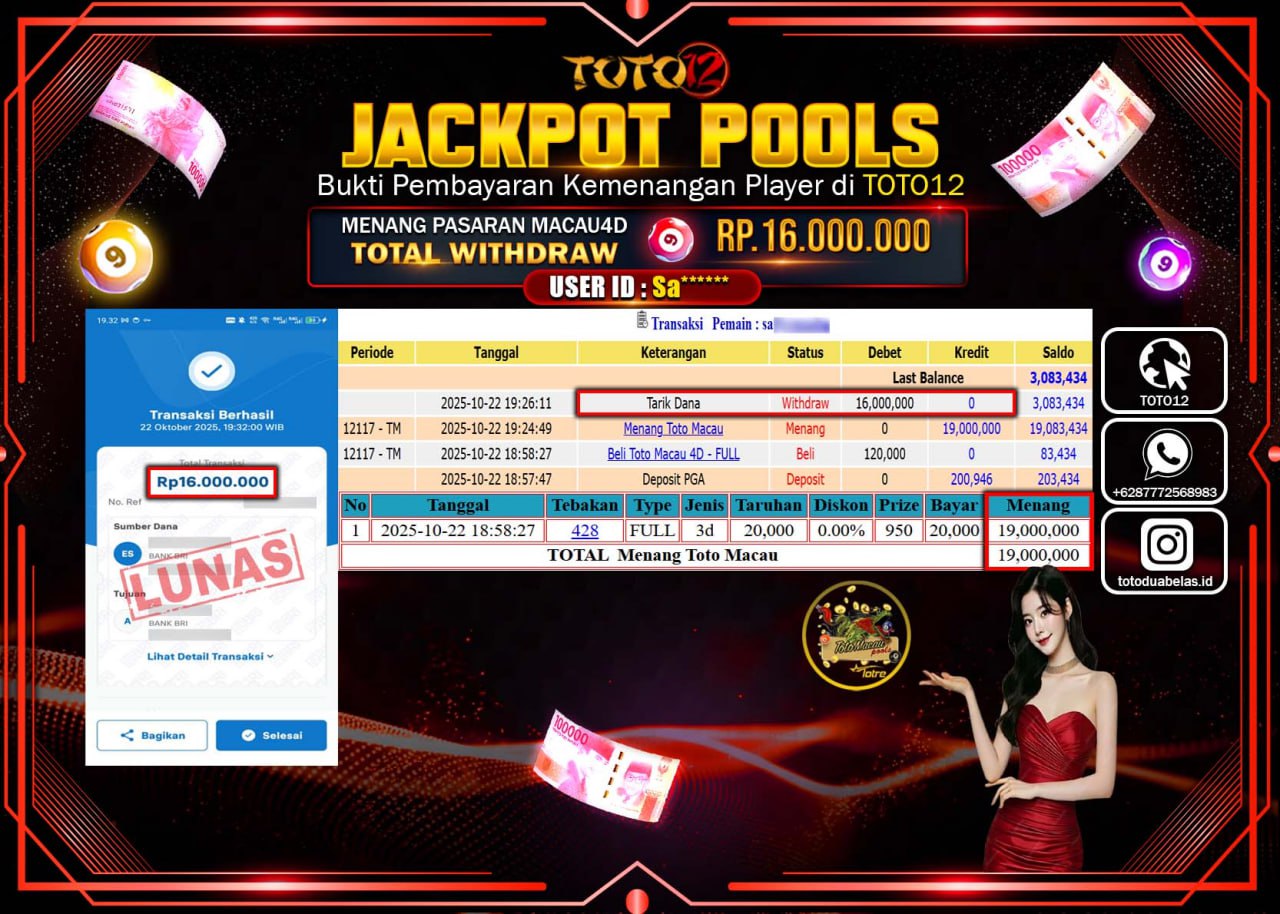 HANYA DI TOTO12 JP PASTI DI BAYAR LUNAS DAN CEPAT!!!!!! JACKPOT POOLS PASARAN (MACAU 4D) Rp.16.000.000 !!!!