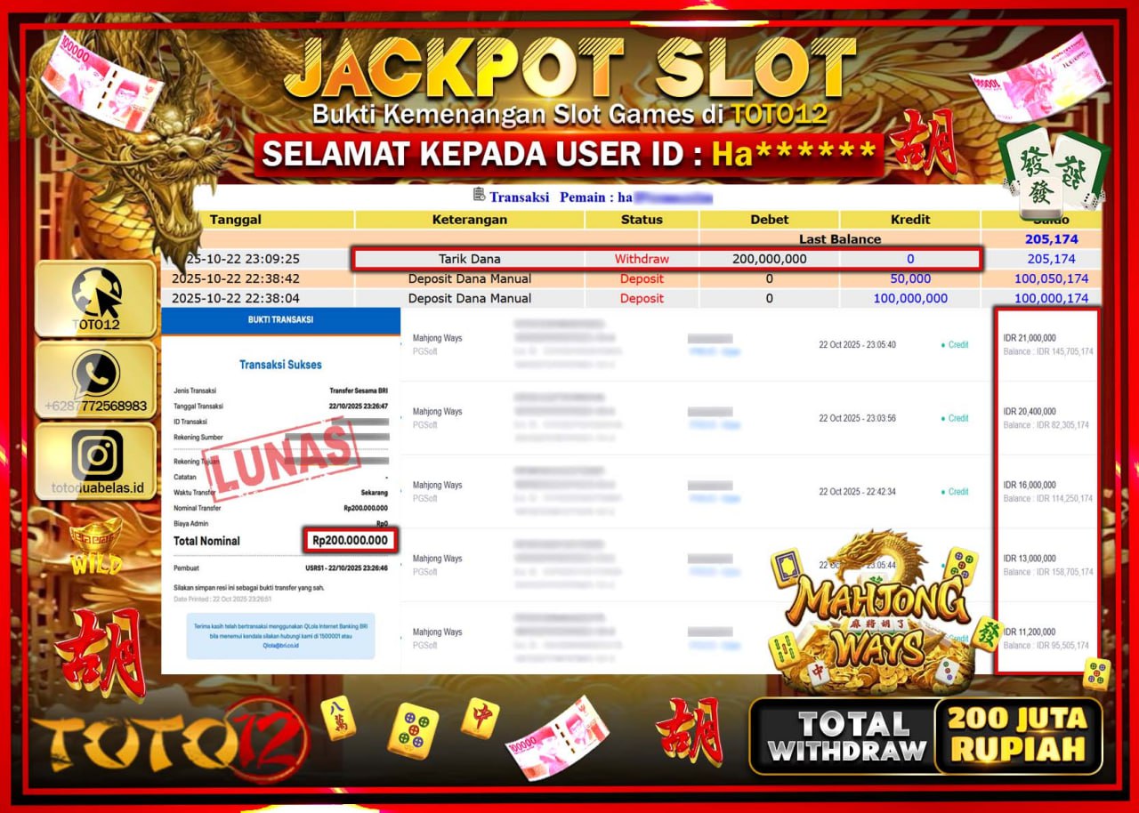 HANYA DI TOTO12 JP PASTI DI BAYAR LUNAS DAN CEPAT!!!!!! JACKPOT SLOT GAME (MAHJONG WAYS) Rp.200.000.000 !!!!