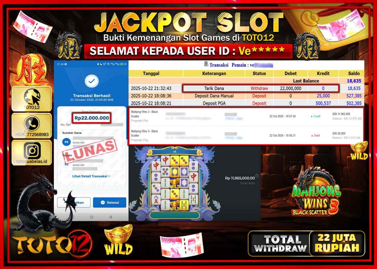 HANYA DI TOTO12 JP PASTI DI BAYAR LUNAS DAN CEPAT!!!!!! JACKPOT SLOT GAME (MAHJONG WINS 3 BLACK SCATTER) Rp.22.000.000 !!!!