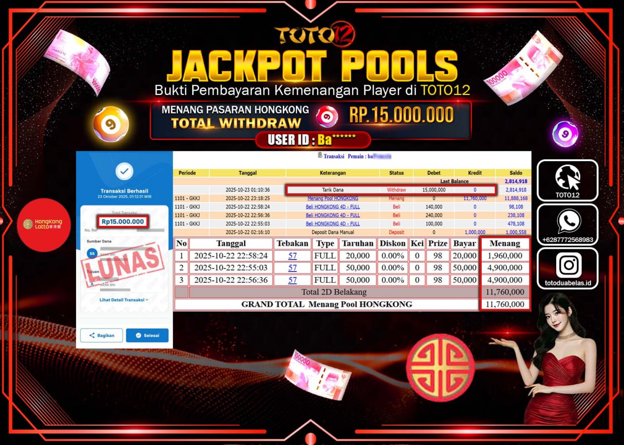 HANYA DI TOTO12 JP PASTI DI BAYAR LUNAS DAN CEPAT!!!!!! JACKPOT POOLS PASARAN (HONGKONG) Rp.15.000.000 !!!!