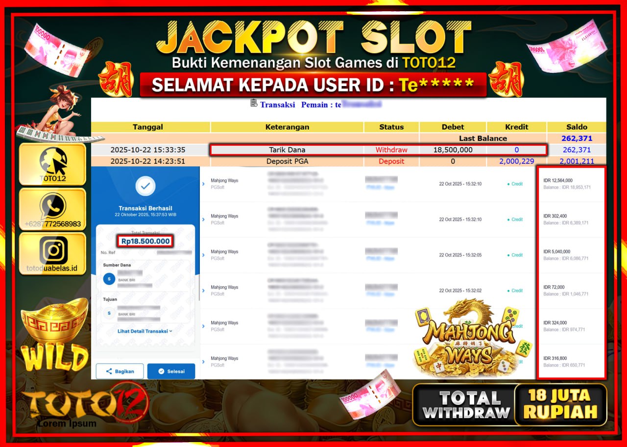 HANYA DI TOTO12 JP PASTI DI BAYAR LUNAS DAN CEPAT!!!!!! JACKPOT SLOT GAME (MAHJONG WAYS) Rp.18.500.000 !!!!