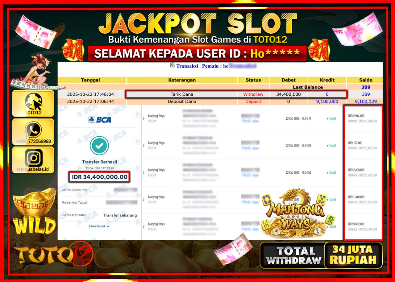 HANYA DI TOTO12 JP PASTI DI BAYAR LUNAS DAN CEPAT!!!!!! JACKPOT SLOT GAME (MAHJONG WAYS) Rp.34.400.000 !!!!