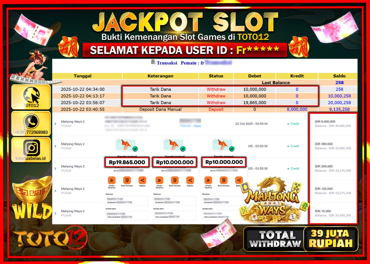 HANYA DI TOTO12 JP PASTI DI BAYAR LUNAS DAN CEPAT!!!!!! JACKPOT SLOT GAME (MAHJONG WAYS) Rp.39.865.000 !!!!