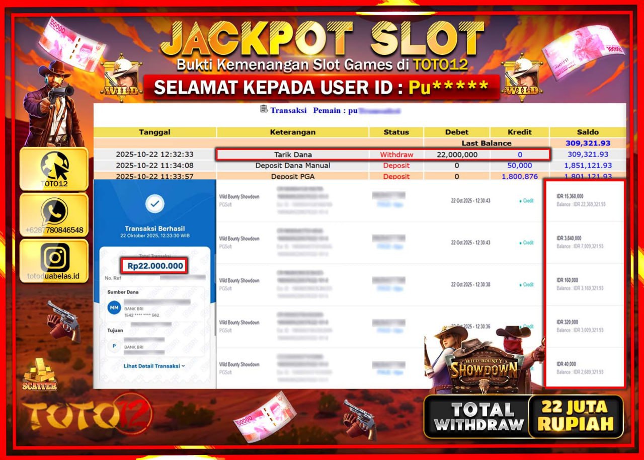 HANYA DI TOTO12 JP PASTI DI BAYAR LUNAS DAN CEPAT!!!!!! JACKPOT SLOT GAME (WILD BOUNTY SHOWDOWN) Rp.22.000.000 !!!!