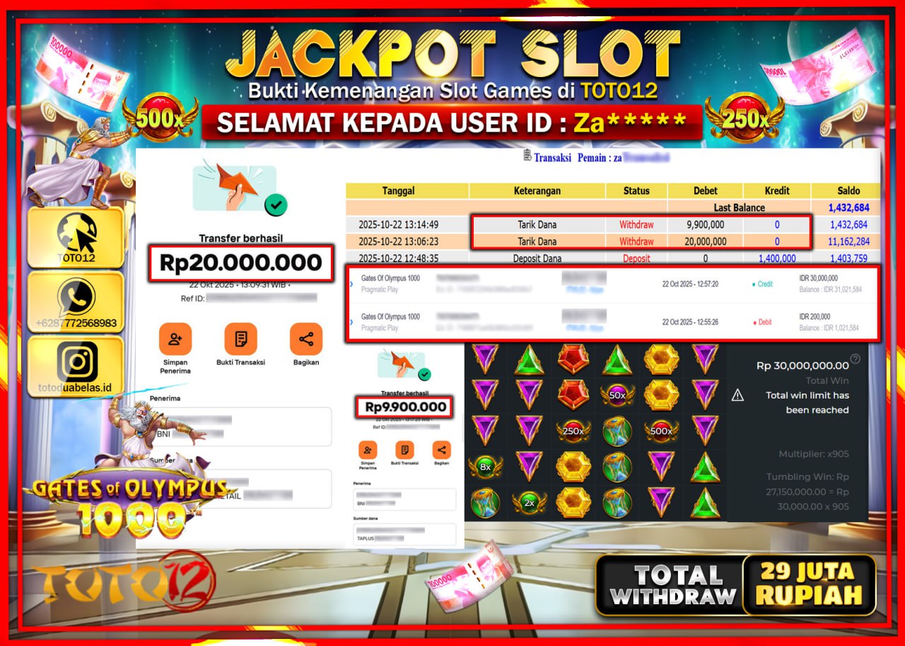 HANYA DI TOTO12 JP PASTI DI BAYAR LUNAS DAN CEPAT!!!!!! JACKPOT SLOT GAME (GATES OF OLYMPUS 1000) Rp.29.900.000 !!!!