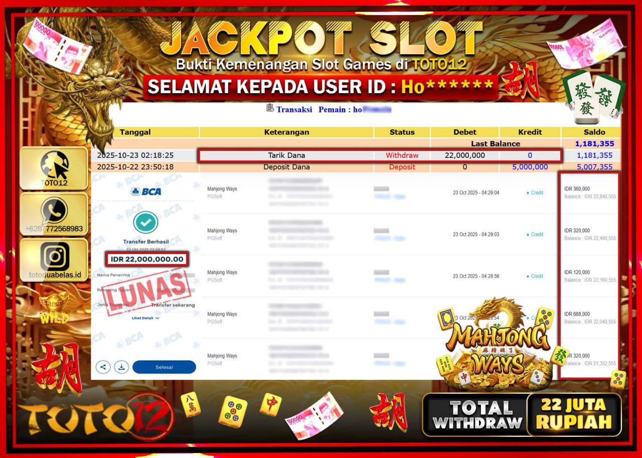 HANYA DI TOTO12 JP PASTI DI BAYAR LUNAS DAN CEPAT!!!!!! JACKPOT SLOT GAME (MAHJONG WAYS) Rp.22.000.000 !!!!