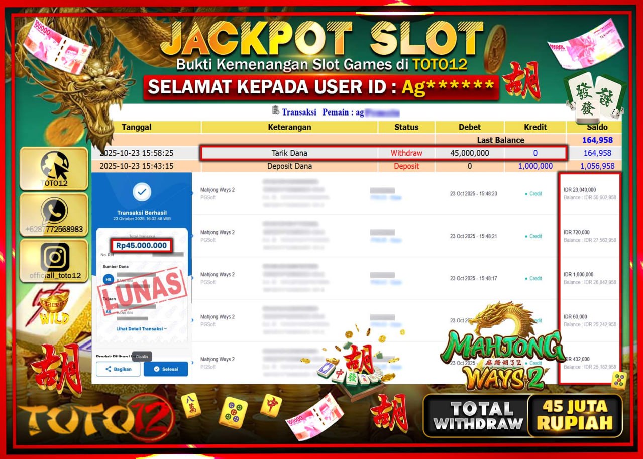 HANYA DI TOTO12 JP PASTI DI BAYAR LUNAS DAN CEPAT!!!!!! JACKPOT SLOT GAME (MAHJONG WAYS 2) Rp.45.000.000 !!!!