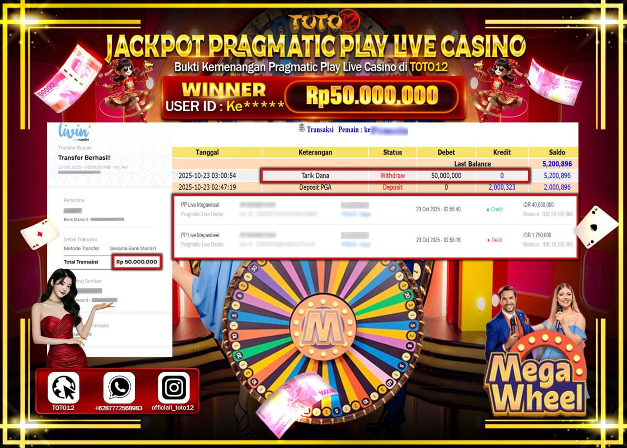 HANYA DI TOTO12 JP PASTI DI BAYAR LUNAS DAN CEPAT!!!!!! JACKPOT PRAGMATIC PLAY LIVE CASINO (MEGA WHEEL) Rp.50.000.000 !!!!
