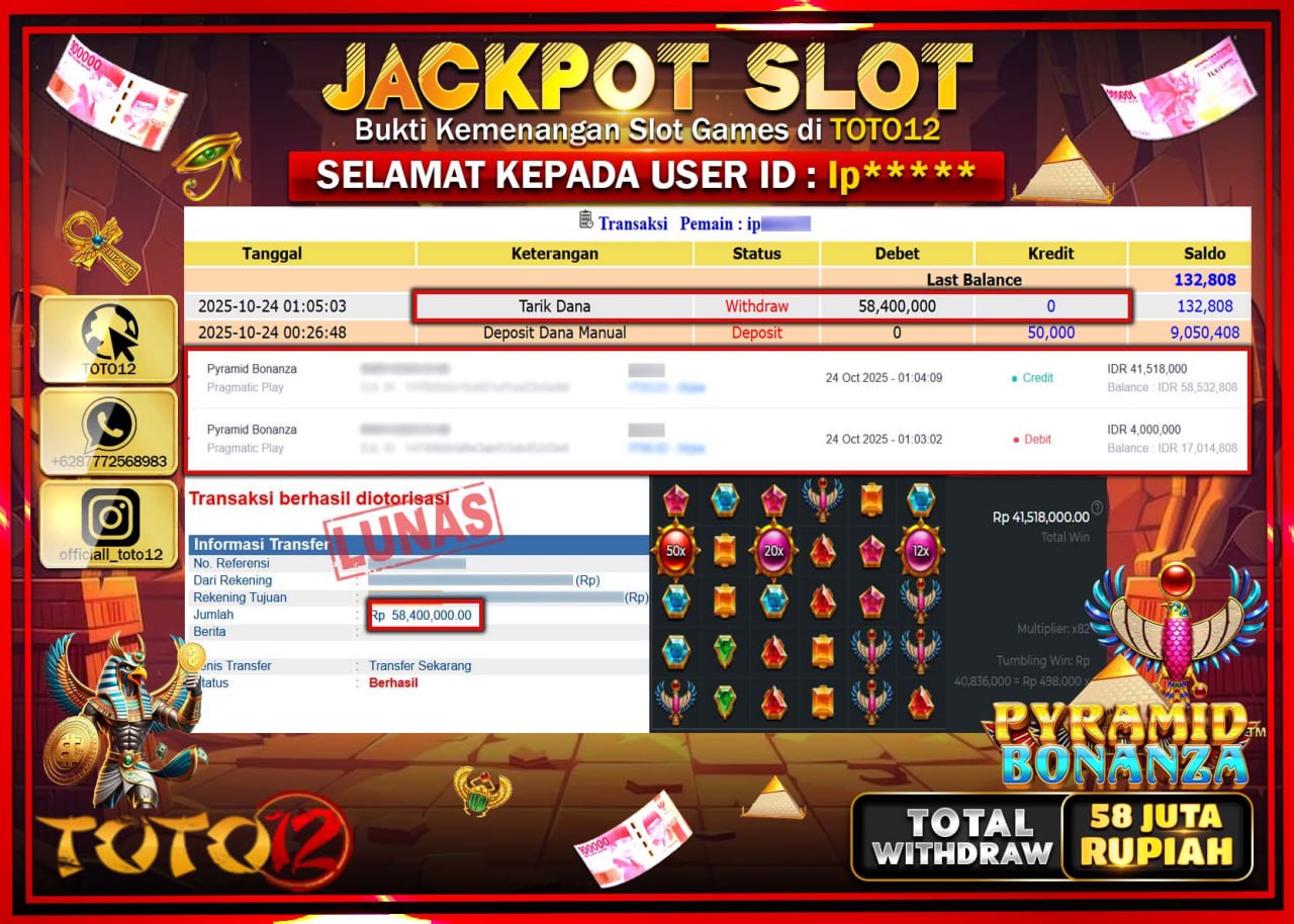 HANYA DI TOTO12 JP PASTI DI BAYAR LUNAS DAN CEPAT!!!!!! JACKPOT SLOT GAME (PYRAMID BONANZA) Rp.58.400.000 !!!!