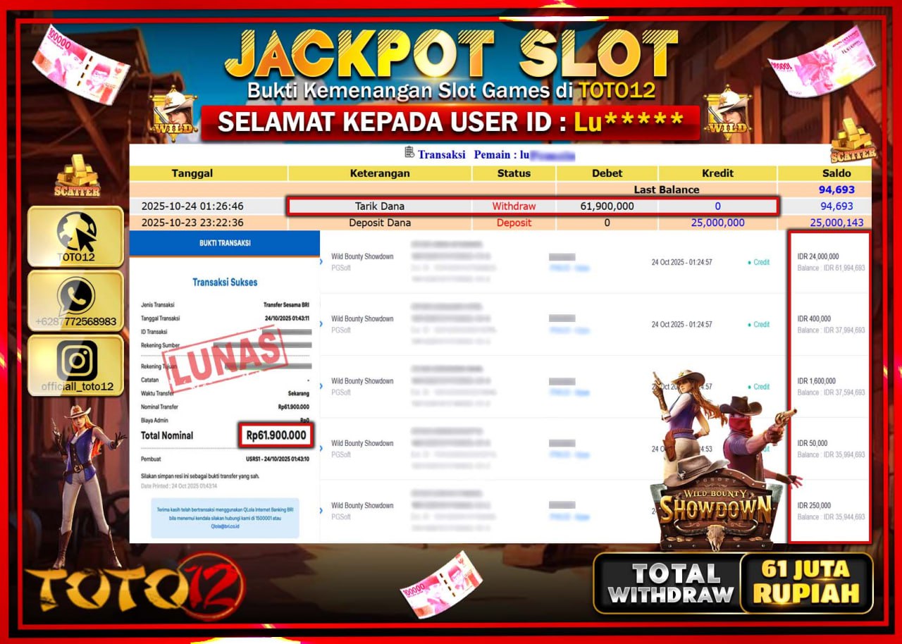 HANYA DI TOTO12 JP PASTI DI BAYAR LUNAS DAN CEPAT!!!!!! JACKPOT SLOT GAME (WILD BOUNTY SHOWDOWN) Rp.61.900.000 !!!!