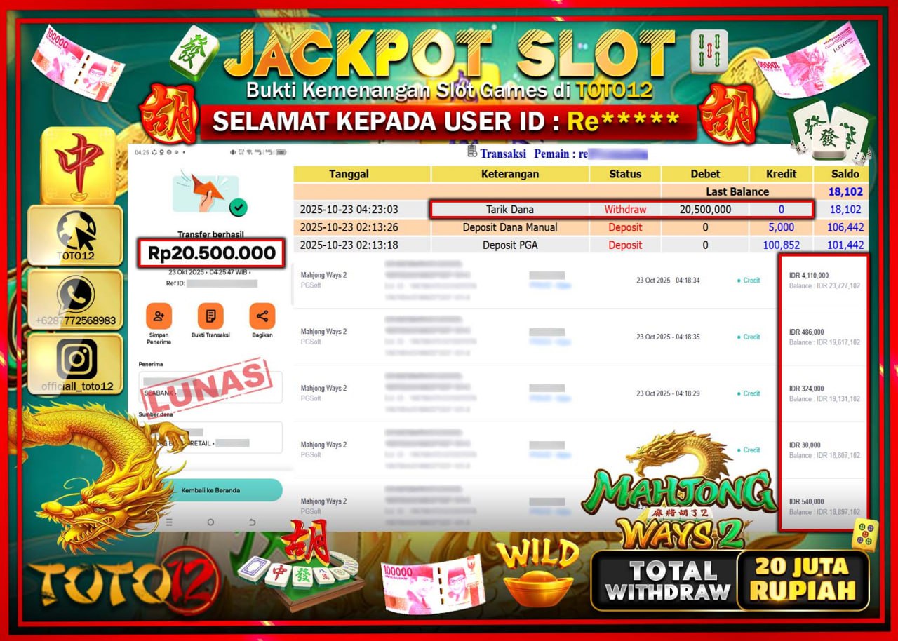 HANYA DI TOTO12 JP PASTI DI BAYAR LUNAS DAN CEPAT!!!!!! JACKPOT SLOT GAME (MAHJONG WAYS 2) Rp.20.500.000 !!!!