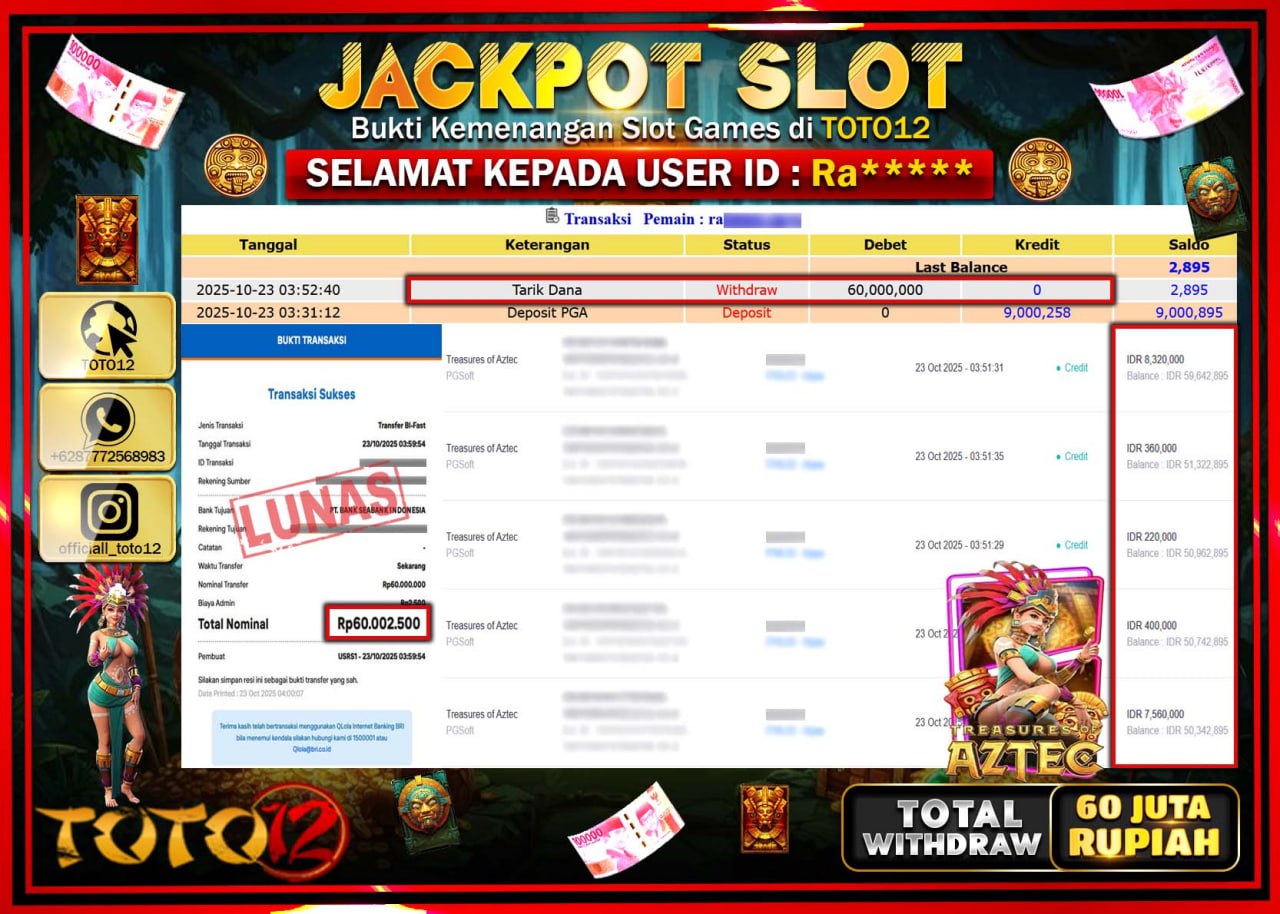 HANYA DI TOTO12 JP PASTI DI BAYAR LUNAS DAN CEPAT!!!!!! JACKPOT SLOT GAME (TREASURES AZTEC) Rp.60.000.000 !!!!