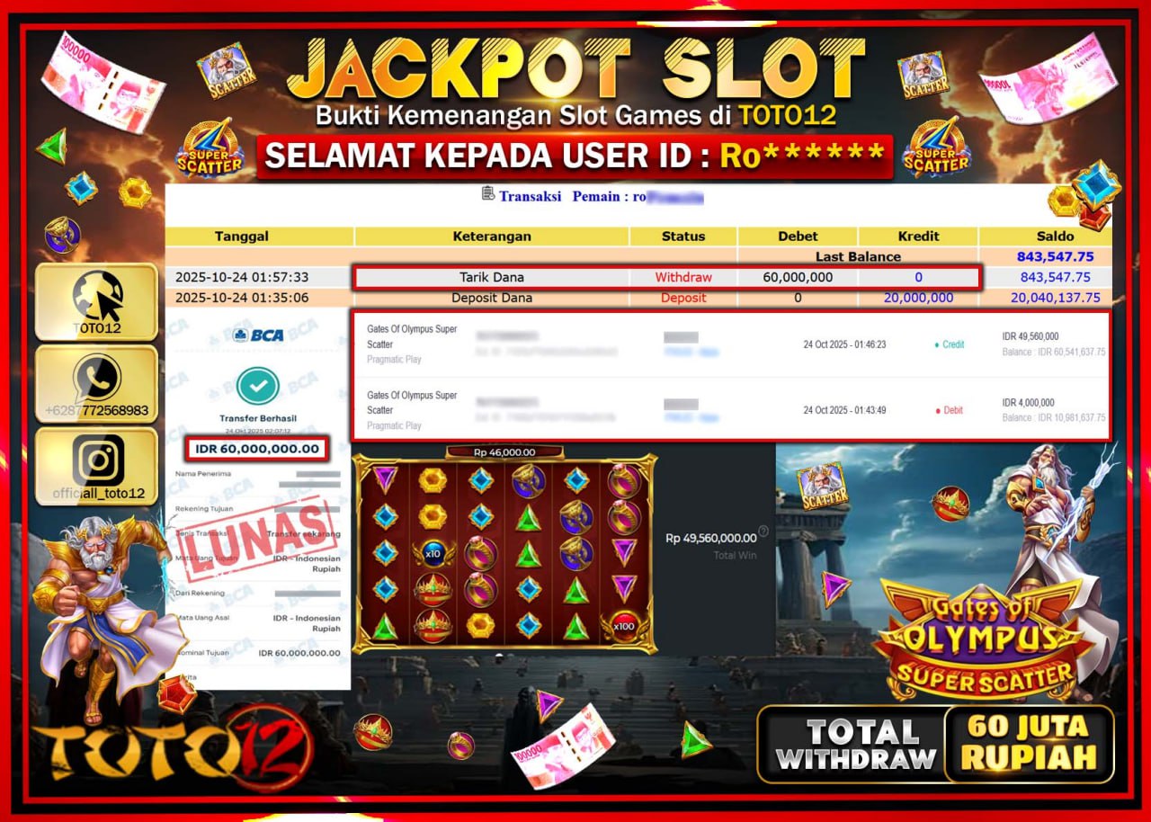 HANYA DI TOTO12 JP PASTI DI BAYAR LUNAS DAN CEPAT!!!!!! JACKPOT SLOT GAME (GATES OF OLYMPUS SUPER SCATTER) Rp.60.000.000 !!!!