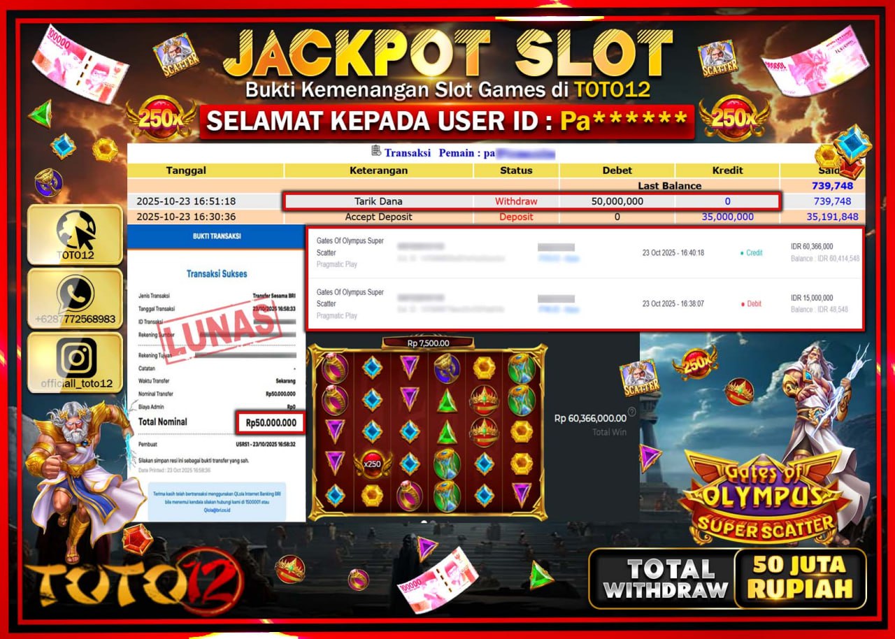 HANYA DI TOTO12 JP PASTI DI BAYAR LUNAS DAN CEPAT!!!!!! JACKPOT SLOT GAME (GATES OF OLYMPUS SUPER SCATTER) Rp.50.000.000 !!!!