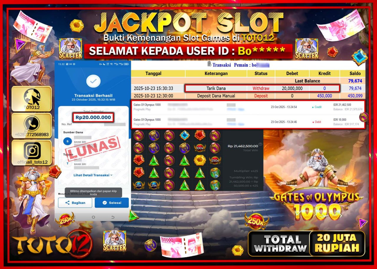 HANYA DI TOTO12 JP PASTI DI BAYAR LUNAS DAN CEPAT!!!!!! JACKPOT SLOT GAME (GATES OF OLYMPUS 1000) Rp.20.000.000 !!!!