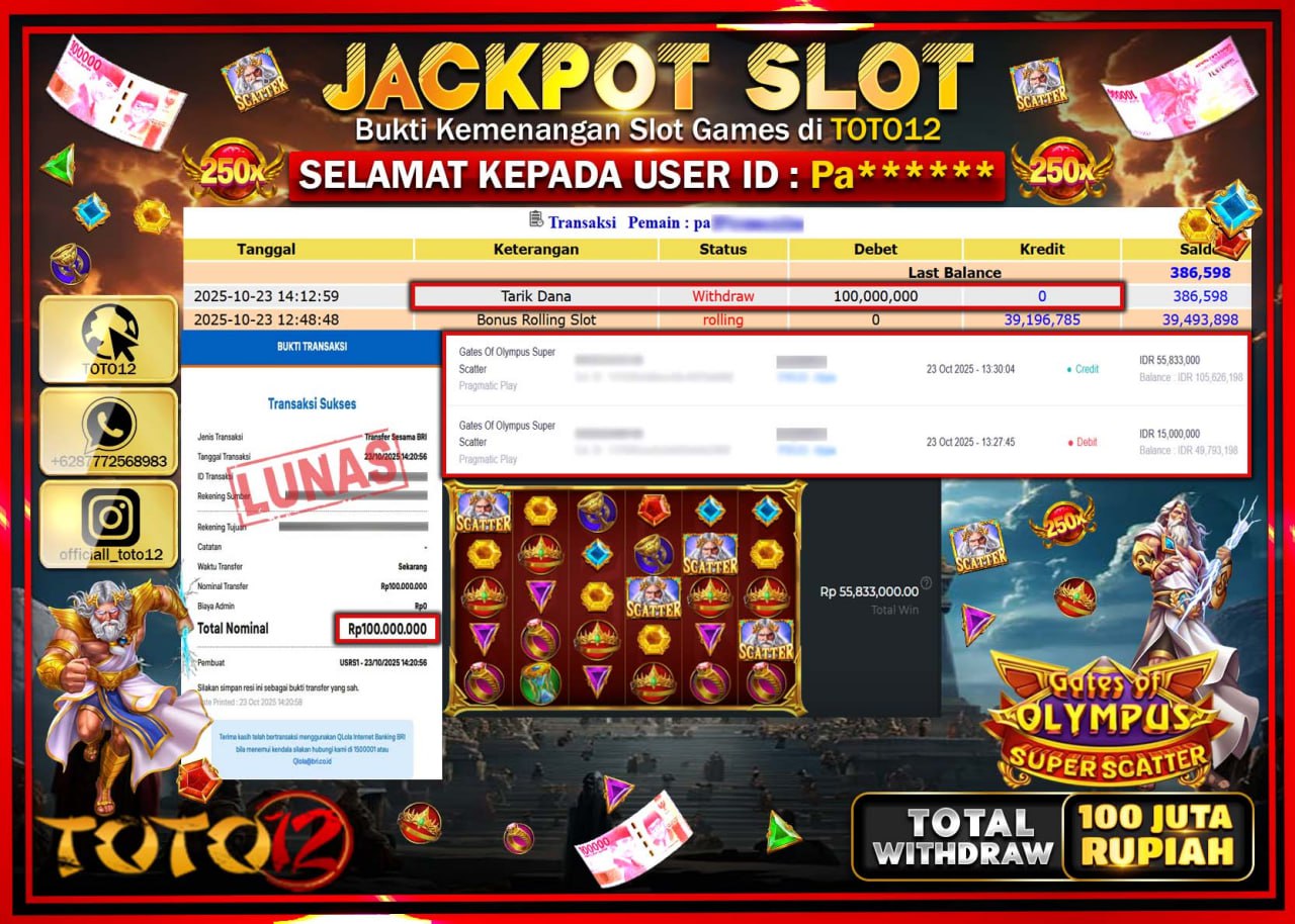 HANYA DI TOTO12 JP PASTI DI BAYAR LUNAS DAN CEPAT!!!!!! JACKPOT SLOT GAME (GATES OF OLYMPUS SUPER SCATTER) Rp.100.000.000 !!!!