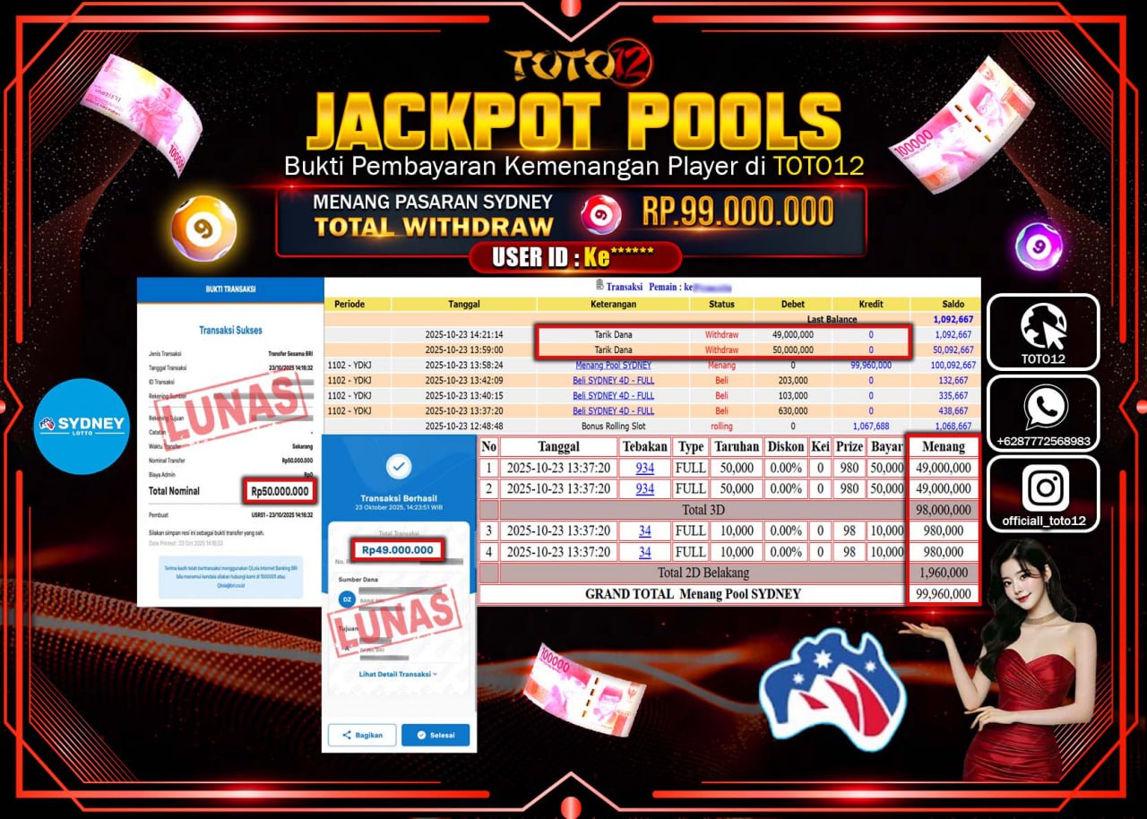HANYA DI TOTO12 JP PASTI DI BAYAR LUNAS DAN CEPAT!!!!!! JACKPOT POOLS PASARAN (SYDNEY) Rp.99.000.000 !!!!