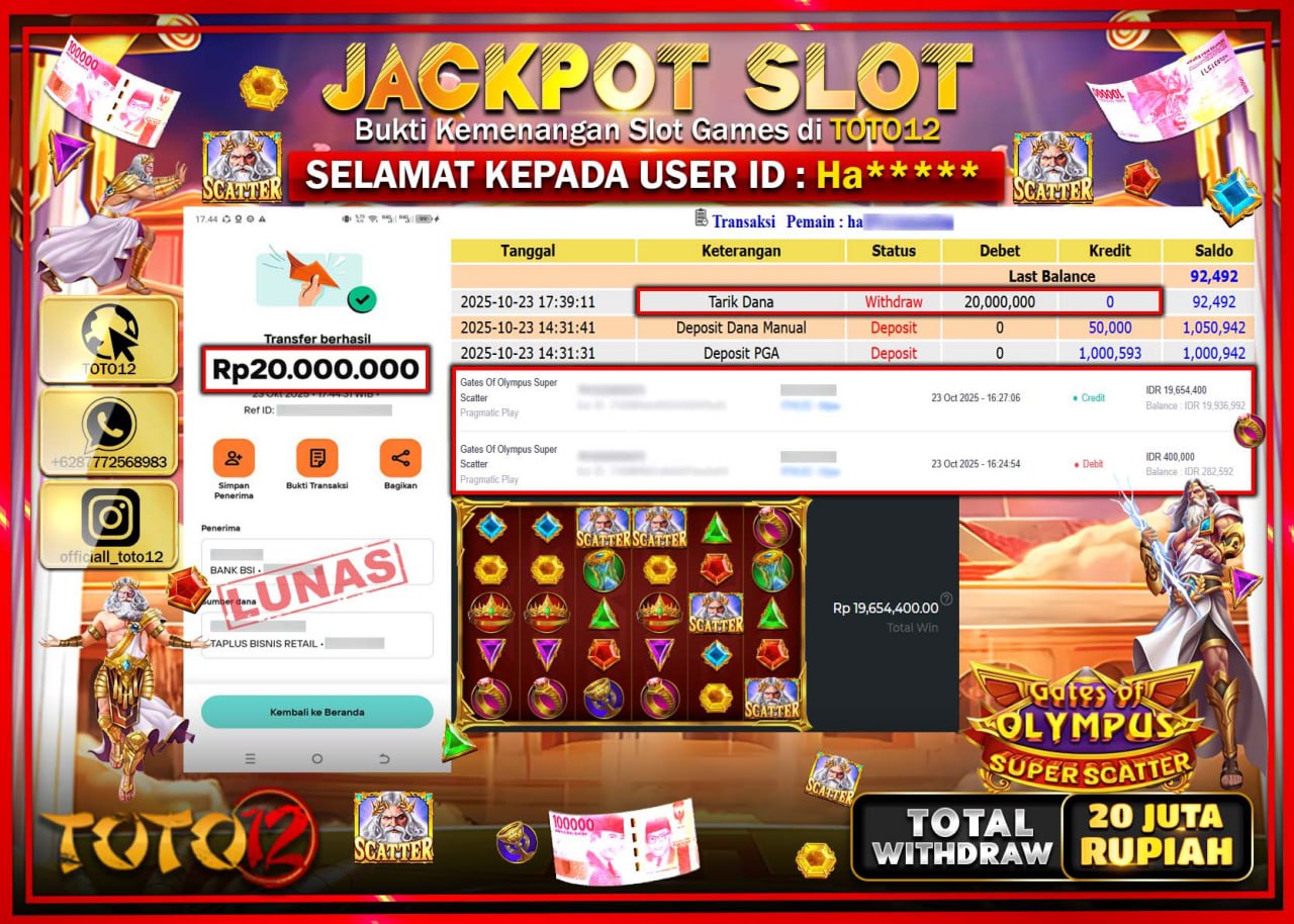 HANYA DI TOTO12 JP PASTI DI BAYAR LUNAS DAN CEPAT!!!!!! JACKPOT SLOT GAME (GATES OF OLYMPUS SUPER SCATTER) Rp.20.000.000 !!!!