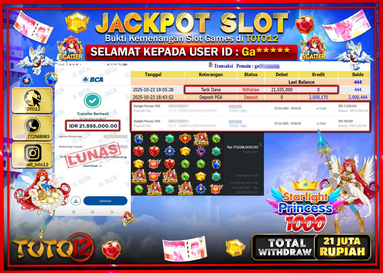HANYA DI TOTO12 JP PASTI DI BAYAR LUNAS DAN CEPAT!!!!!! JACKPOT SLOT GAME (STARLIGHT PRINCESS 1000) Rp.21.555.000 !!!!