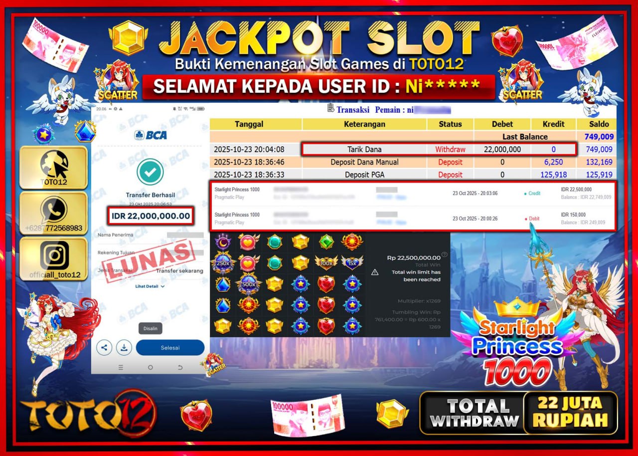 HANYA DI TOTO12 JP PASTI DI BAYAR LUNAS DAN CEPAT!!!!!! JACKPOT SLOT GAME (STARLIGHT PRINCESS 1000) Rp.22.000.000 !!!!