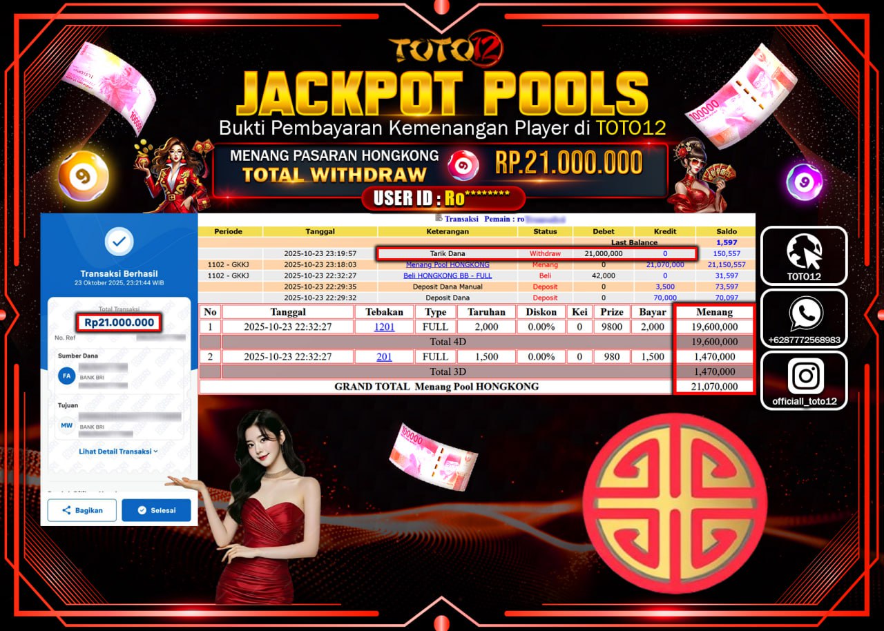 HANYA DI TOTO12 JP PASTI DI BAYAR LUNAS DAN CEPAT!!!!!! JACKPOT POOLS PASARAN (HONGKONG) Rp.21.000.000 !!!!