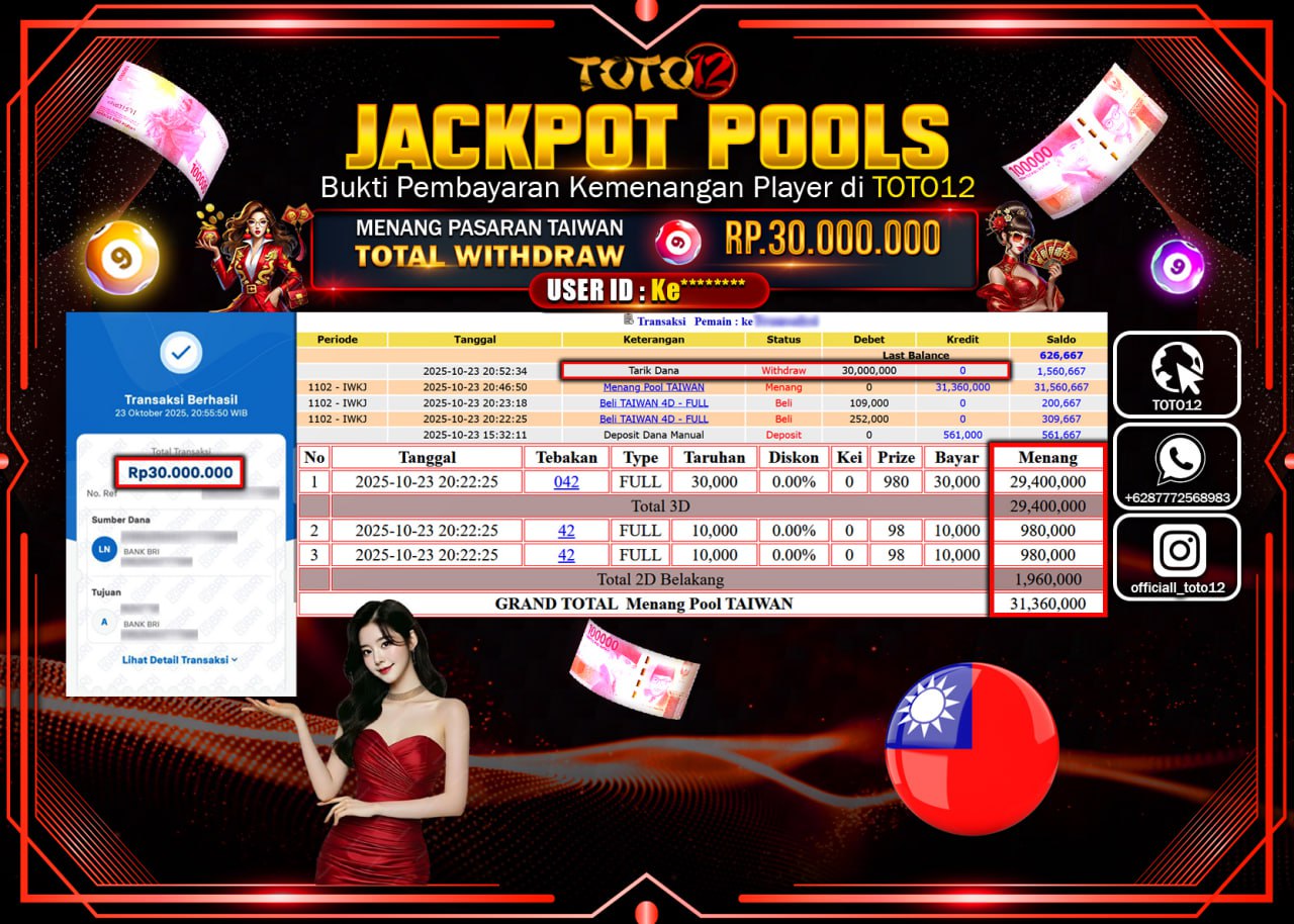 HANYA DI TOTO12 JP PASTI DI BAYAR LUNAS DAN CEPAT!!!!!! JACKPOT POOLS PASARAN (TAIWAN) Rp.30.000.000 !!!!