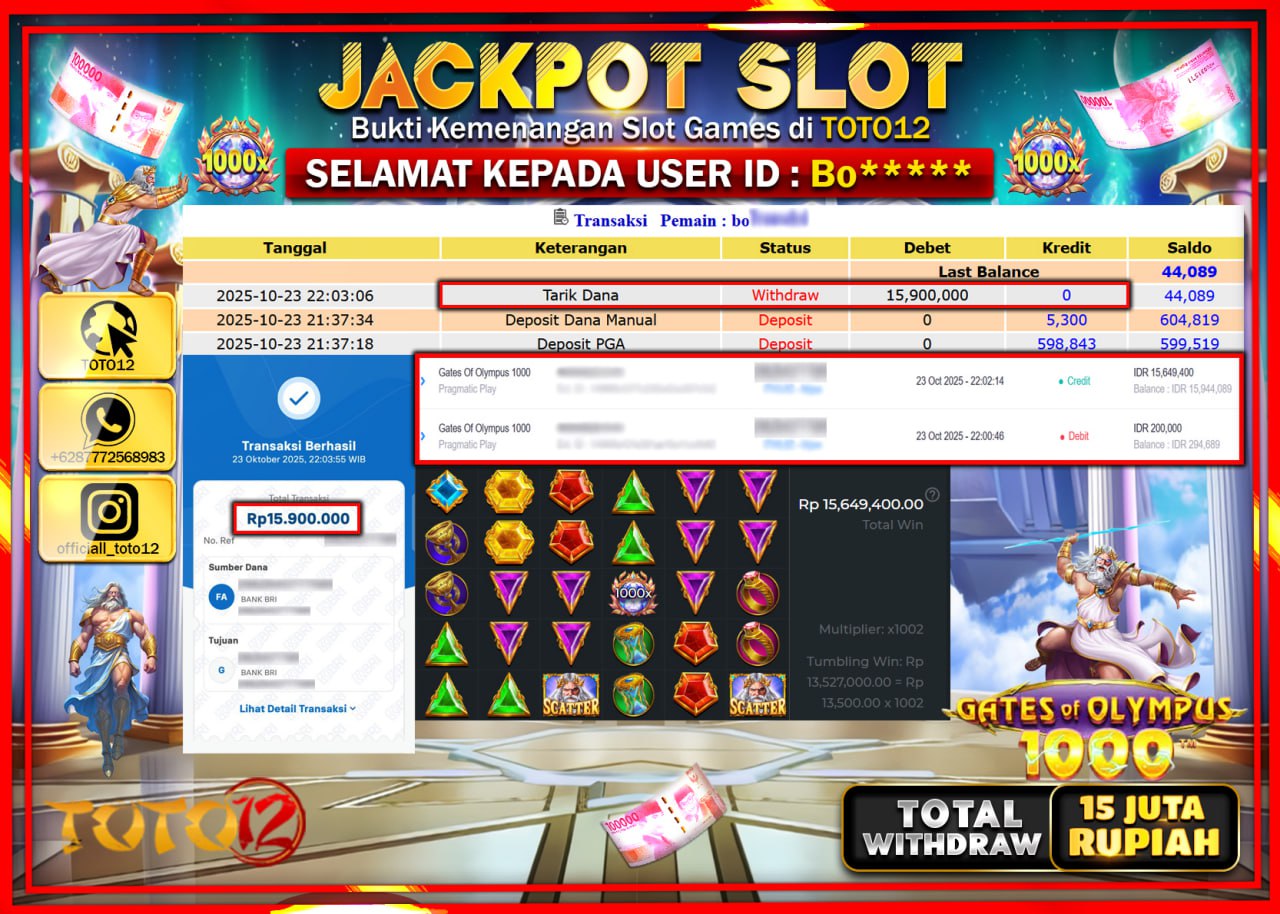 HANYA DI TOTO12 JP PASTI DI BAYAR LUNAS DAN CEPAT!!!!!! JACKPOT SLOT GAME (GATES OF OLYMPUS 1000) Rp.15.900.000 !!!!