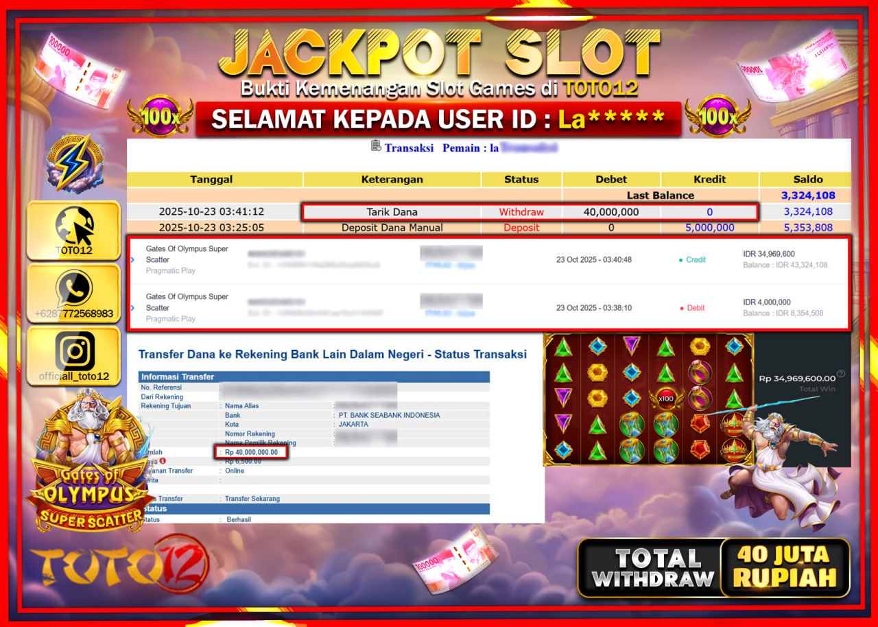 HANYA DI TOTO12 JP PASTI DI BAYAR LUNAS DAN CEPAT!!!!!! JACKPOT SLOT GAME (GATES OF OLYMPUS SUPER SCATTER) Rp.40.000.000 !!!!