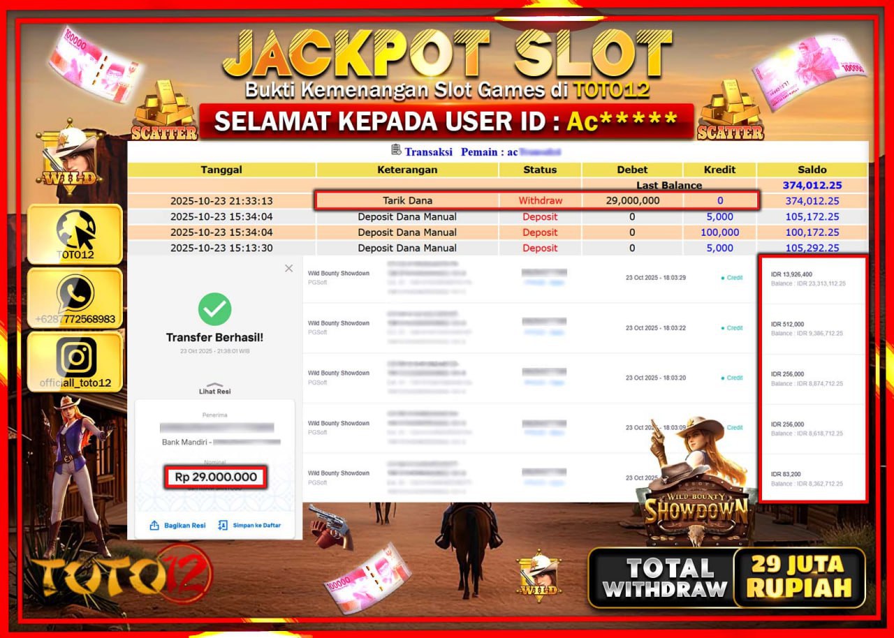 HANYA DI TOTO12 JP PASTI DI BAYAR LUNAS DAN CEPAT!!!!!! JACKPOT SLOT GAME (WILD BOUNTY SHOWDOWN) Rp.29.000.000 !!!!