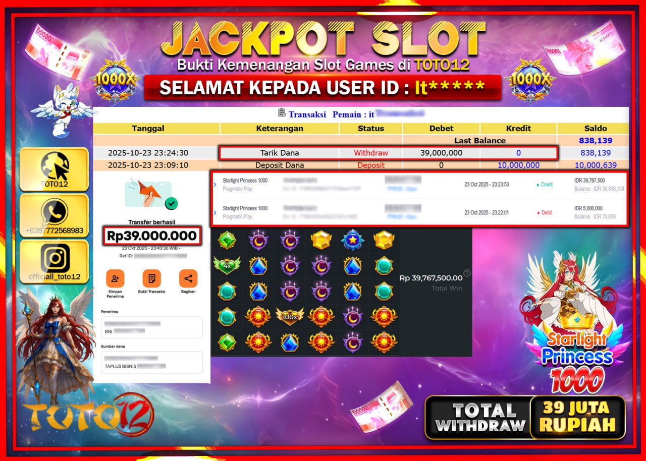 HANYA DI TOTO12 JP PASTI DI BAYAR LUNAS DAN CEPAT!!!!!! JACKPOT SLOT GAME (STARLIGHT PRINCESS 1000) Rp.39.000.000 !!!!