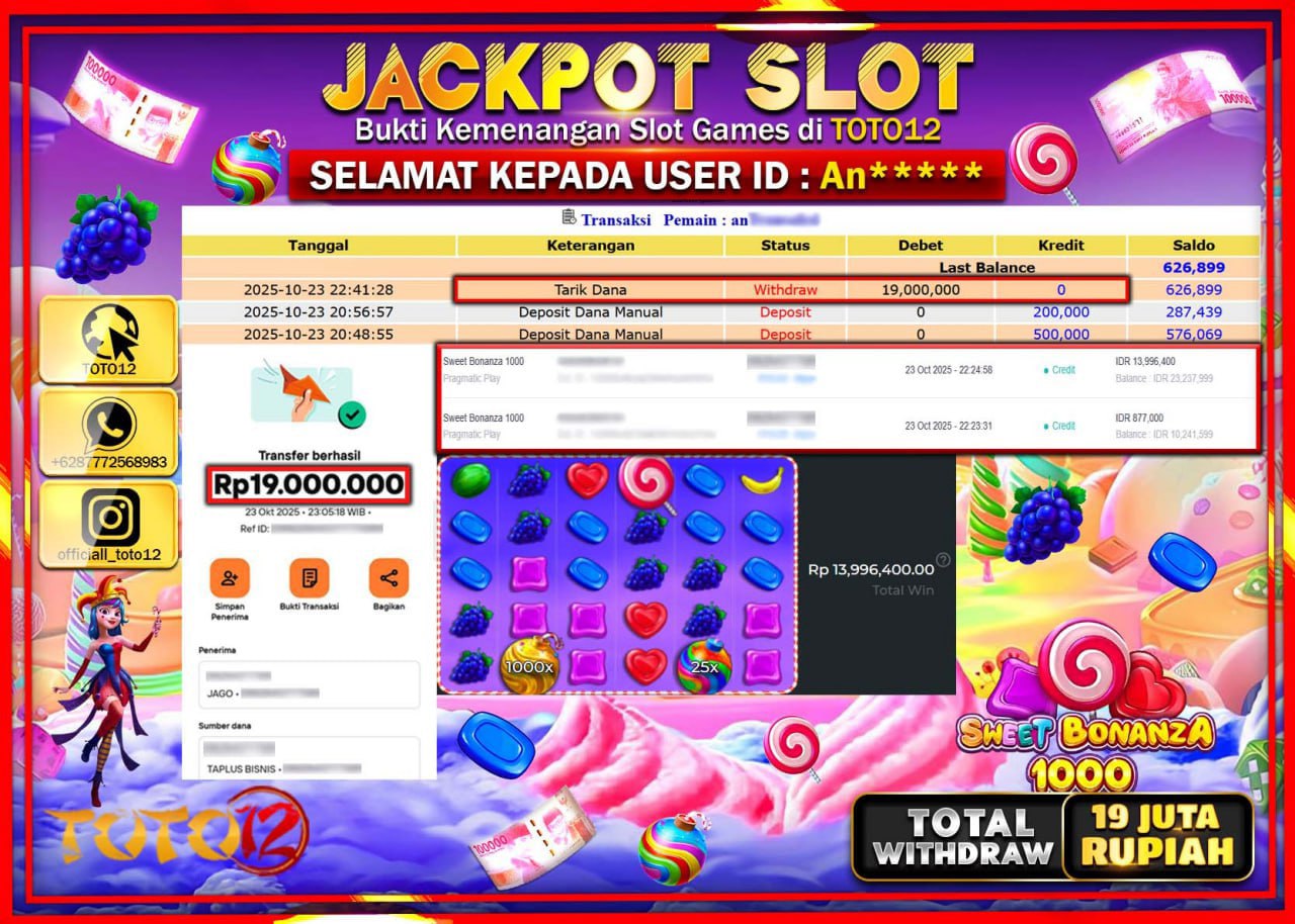 HANYA DI TOTO12 JP PASTI DI BAYAR LUNAS DAN CEPAT!!!!!! JACKPOT SLOT GAME (SWEET BONANZA 1000) Rp.19.000.000 !!!!