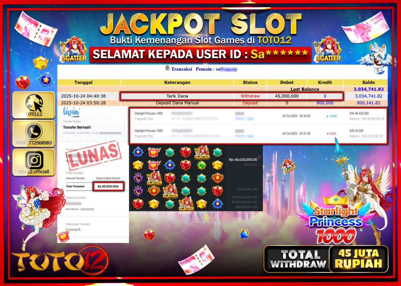 HANYA DI TOTO12 JP PASTI DI BAYAR LUNAS DAN CEPAT!!!!!! JACKPOT SLOT GAME (STARLIGHT PRINCESS 1000) Rp.45.000.000 !!!!