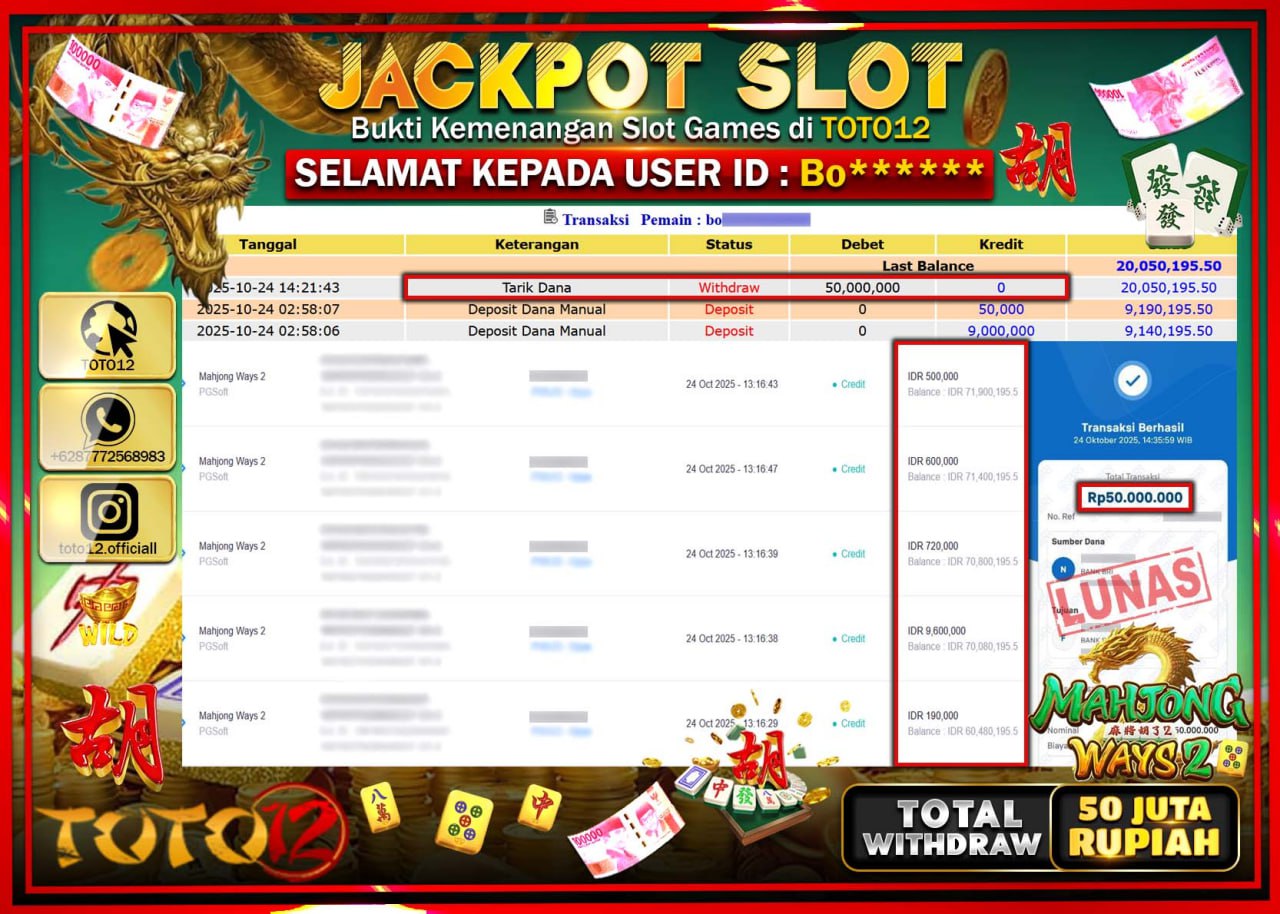HANYA DI TOTO12 JP PASTI DI BAYAR LUNAS DAN CEPAT!!!!!! JACKPOT SLOT GAME (MAHJONG WAYS 2) Rp.50.000.000 !!!!