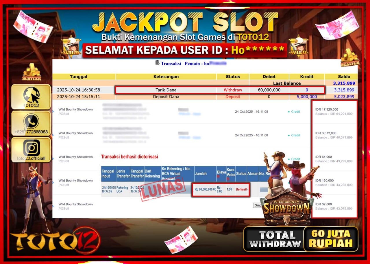 HANYA DI TOTO12 JP PASTI DI BAYAR LUNAS DAN CEPAT!!!!!! JACKPOT SLOT GAME (WILD BOUNTY SHOWDOWN) Rp.60.000.000 !!!!