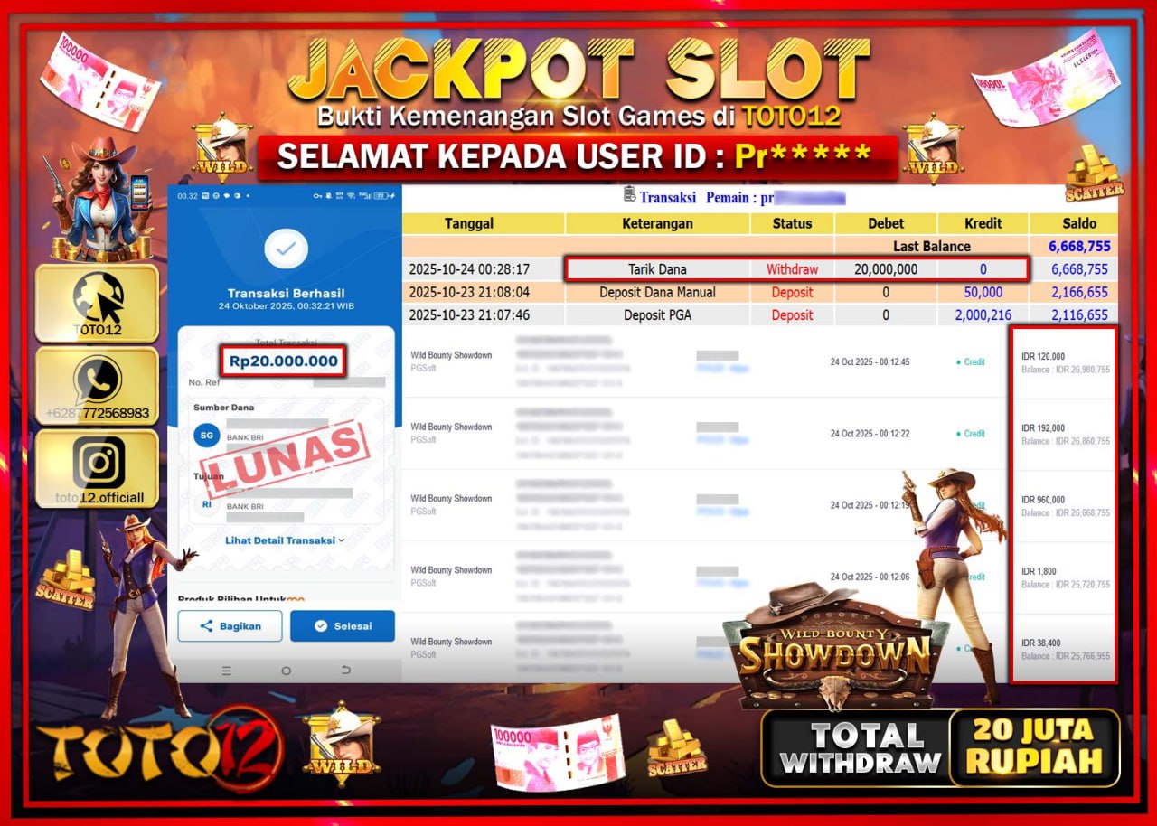 HANYA DI TOTO12 JP PASTI DI BAYAR LUNAS DAN CEPAT!!!!!! JACKPOT SLOT GAME (WILD BOUNTY SHOWDOWN) Rp.20.000.000 !!!!