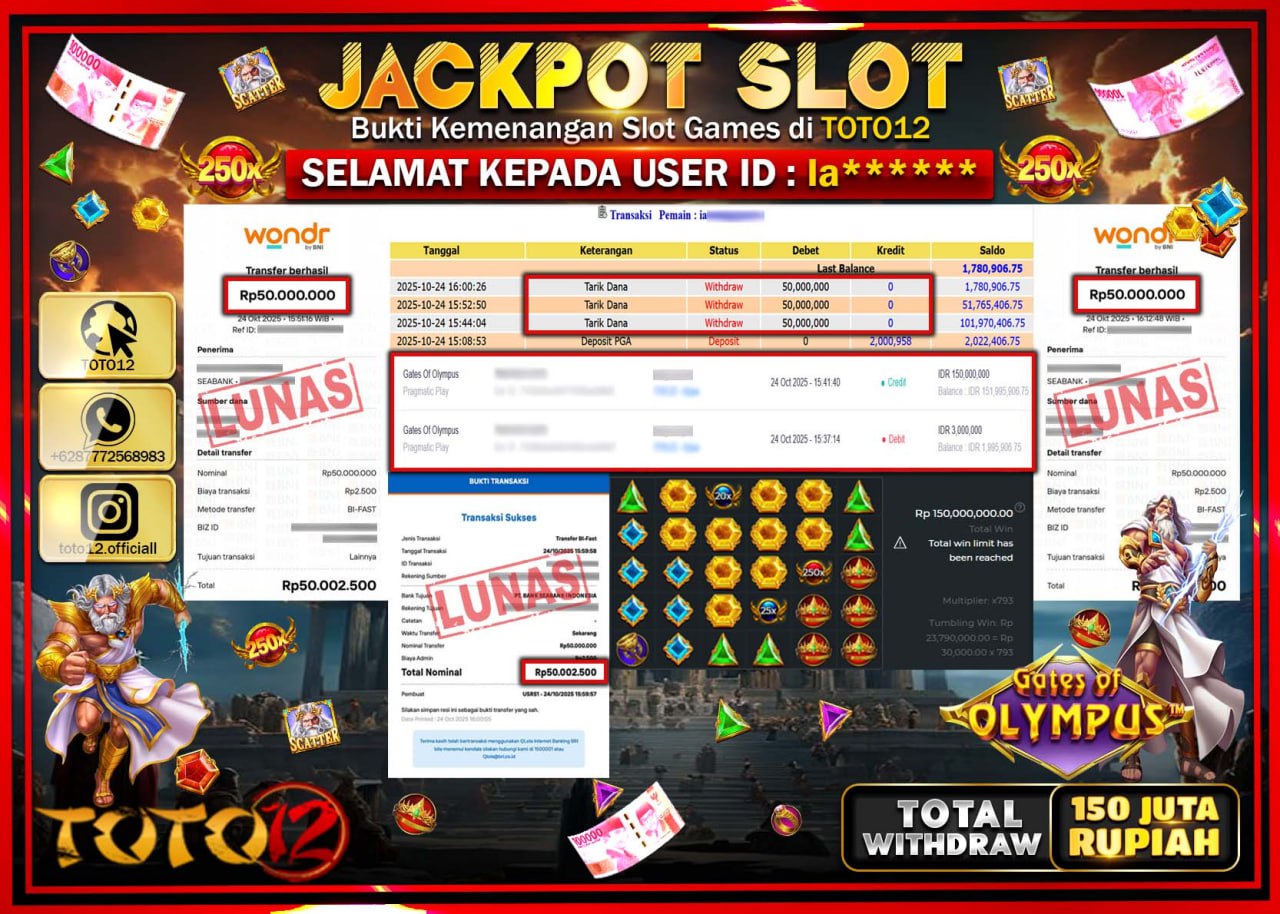 HANYA DI TOTO12 JP PASTI DI BAYAR LUNAS DAN CEPAT!!!!!! JACKPOT SLOT GAME (GATES OF OLYMPUS) Rp.150.000.000 !!!!