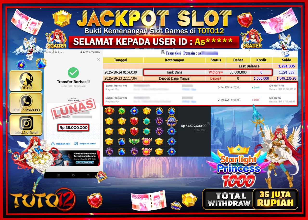 HANYA DI TOTO12 JP PASTI DI BAYAR LUNAS DAN CEPAT!!!!!! JACKPOT SLOT GAME (STARLIGHT PRINCESS 1000) Rp.35.000.000 !!!!