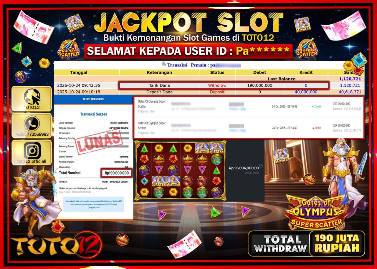 HANYA DI TOTO12 JP PASTI DI BAYAR LUNAS DAN CEPAT!!!!!! JACKPOT SLOT GAME (GATES OF OLYMPUS SUPER SCATTER) Rp.190.000.000 !!!!