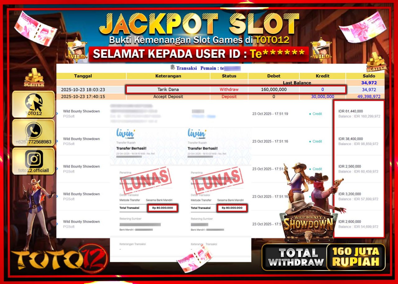 HANYA DI TOTO12 JP PASTI DI BAYAR LUNAS DAN CEPAT!!!!!! JACKPOT SLOT GAME (WILD BOUNTY SHOWDOWN) Rp.160.000.000 !!!!