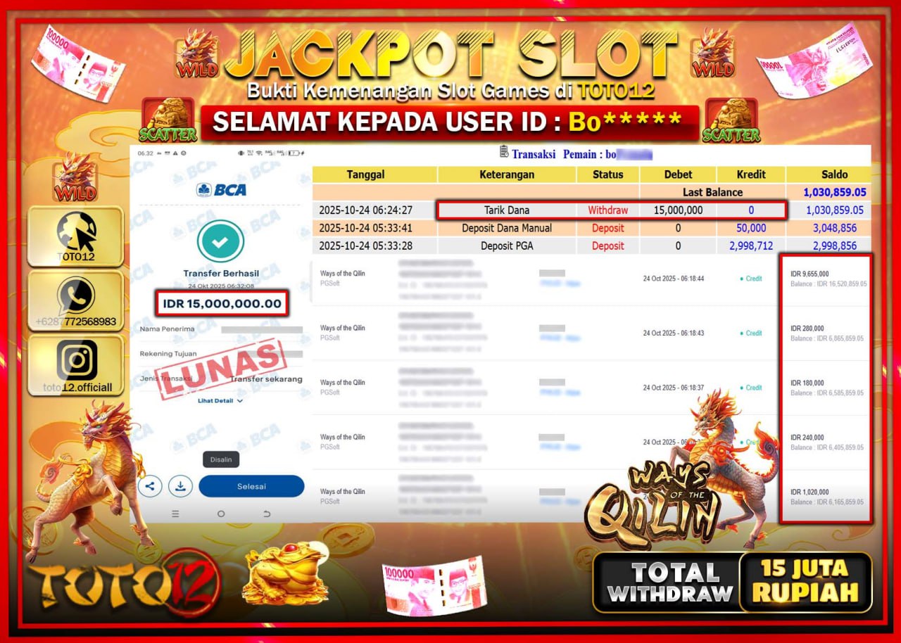 HANYA DI TOTO12 JP PASTI DI BAYAR LUNAS DAN CEPAT!!!!!! JACKPOT SLOT GAME (WAYS OF THE QILIN) Rp.15.000.000 !!!!