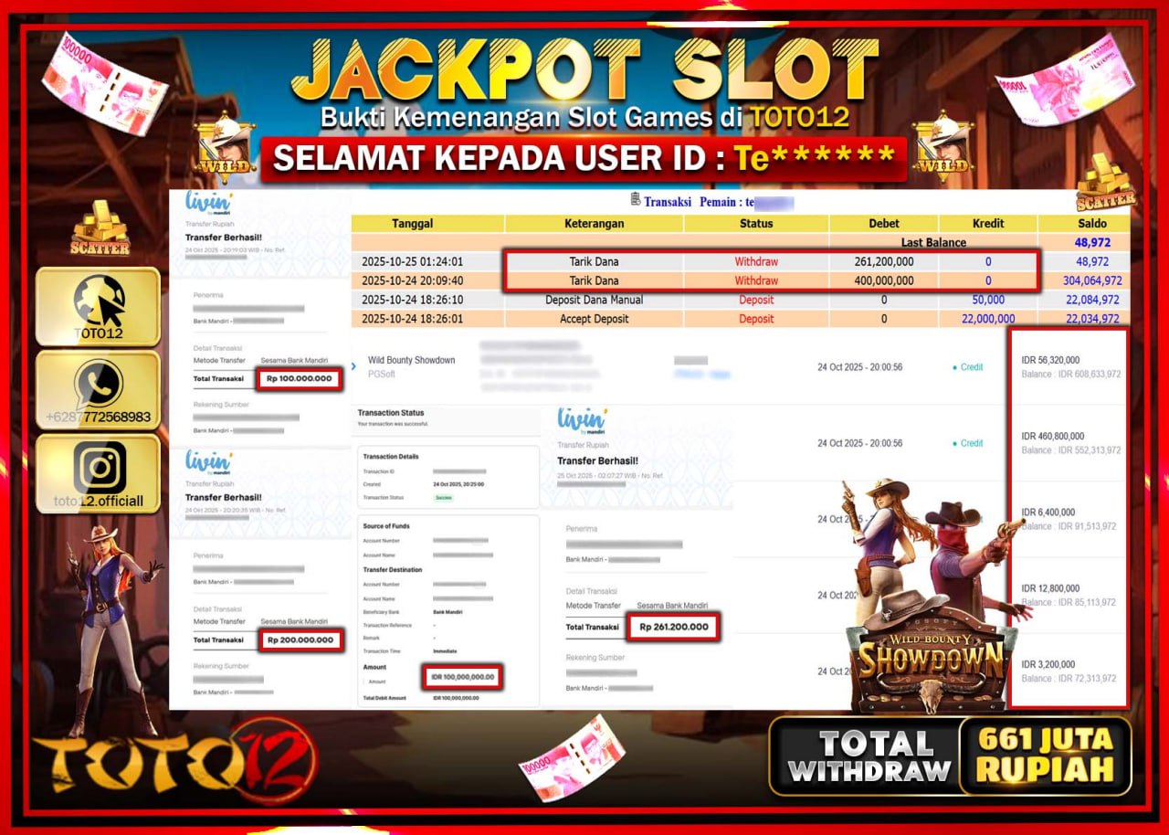HANYA DI TOTO12 JP PASTI DI BAYAR LUNAS DAN CEPAT!!!!!! JACKPOT SLOT GAME (WILD BOUNTY SHOWDOWN) Rp.661.200.000 !!!!