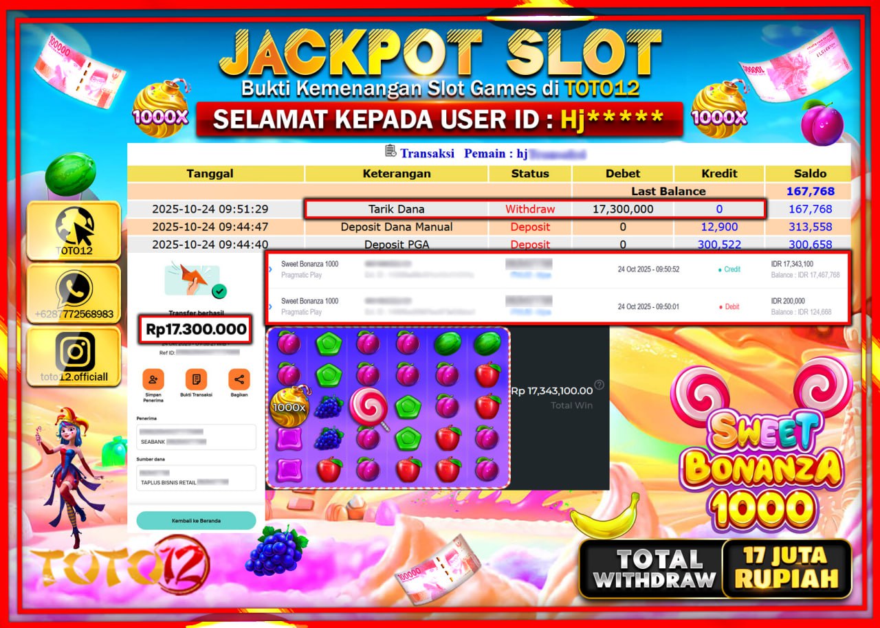 HANYA DI TOTO12 JP PASTI DI BAYAR LUNAS DAN CEPAT!!!!!! JACKPOT SLOT GAME (SWEET BONANZA 1000) Rp.17.300.000 !!!!