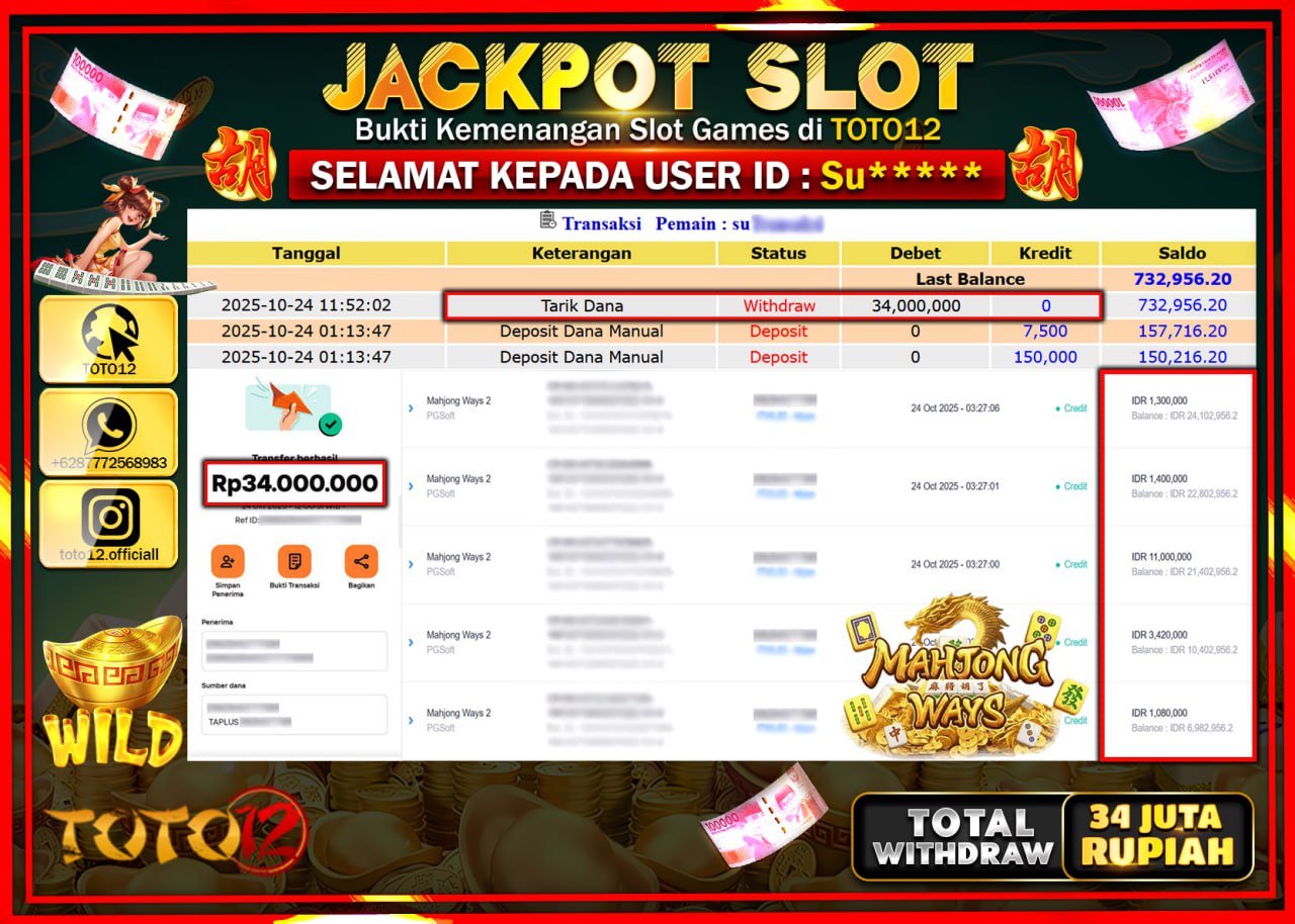HANYA DI TOTO12 JP PASTI DI BAYAR LUNAS DAN CEPAT!!!!!! JACKPOT SLOT GAME (MAHJONG WAYS) Rp.34.000.000 !!!!
